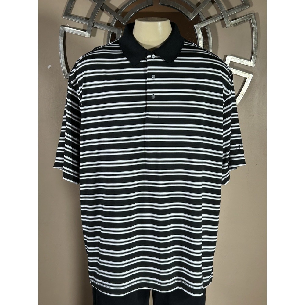 PGA Tour Performance Polo Shirt Mens Large Black White Striped Polyester